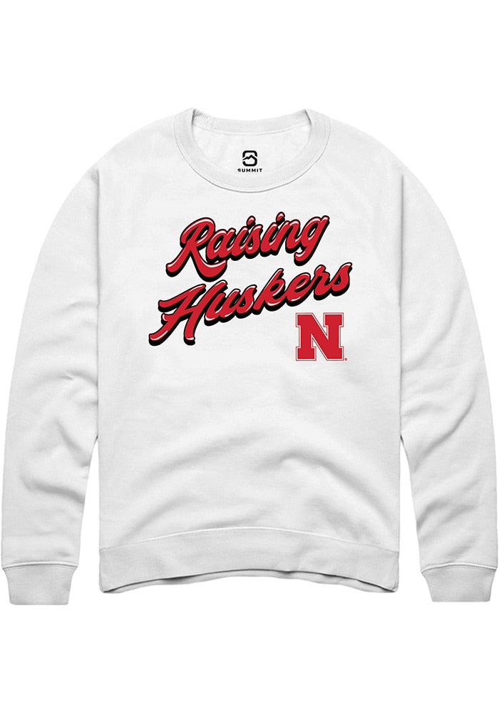 Nebraska Cornhuskers Mens White RAISING MASCOTS Long Sleeve Crew Sweatshirt