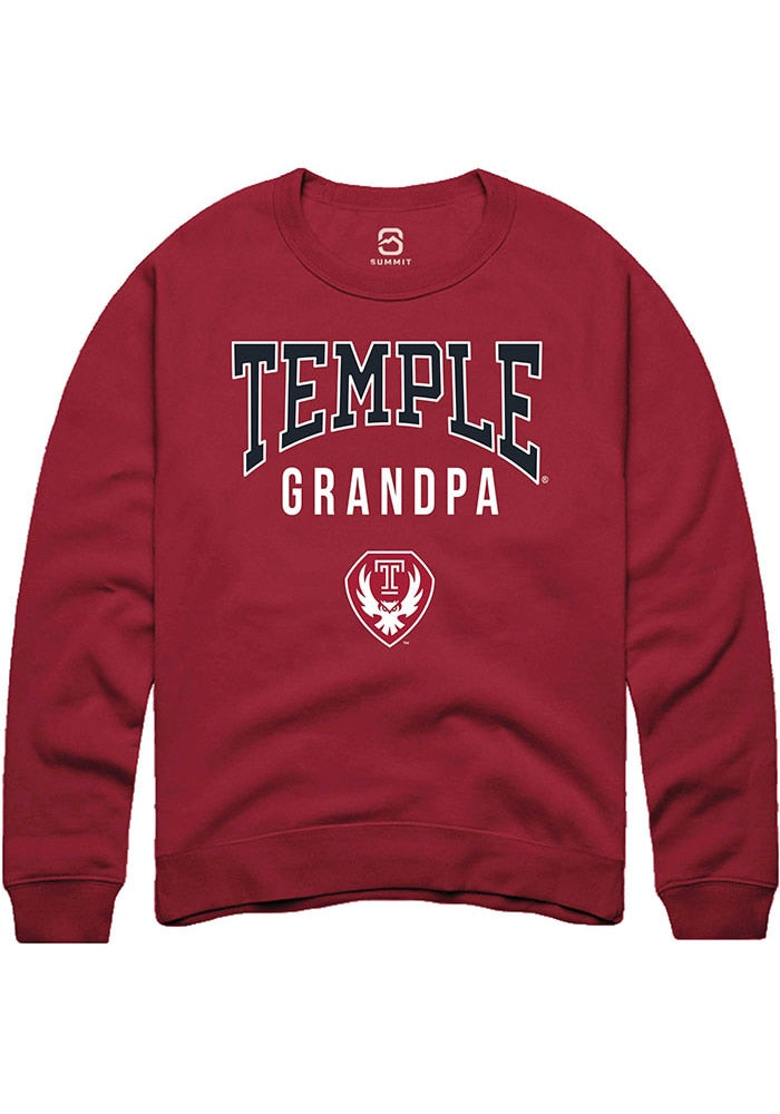 Temple Owls Mens Cardinal Grandpa Long Sleeve Crew Sweatshirt