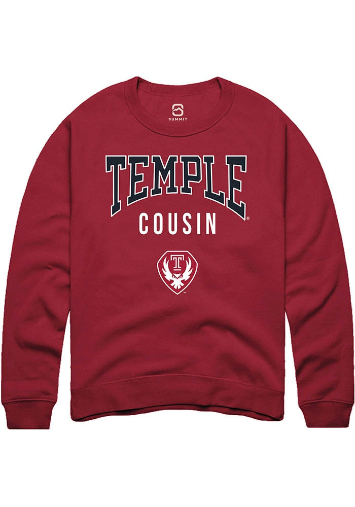 Temple Owls Mens Cardinal Cousin Long Sleeve Crew Sweatshirt