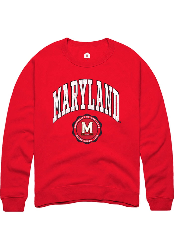 Maryland Terrapins Mens Red Arch Seal Long Sleeve Crew Sweatshirt