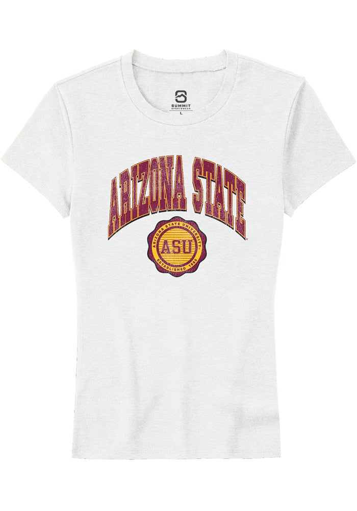 Arizona State Sun Devils Womens White Arch Seal Short Sleeve T-Shirt