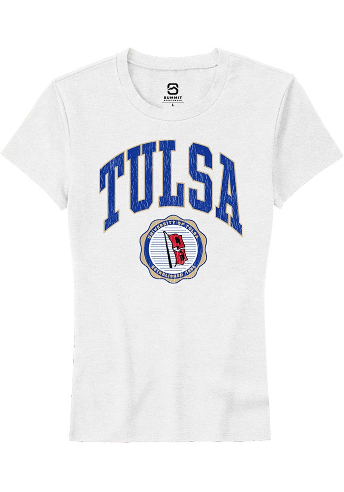 Tulsa Golden Hurricane Womens White Arch Seal Short Sleeve T-Shirt