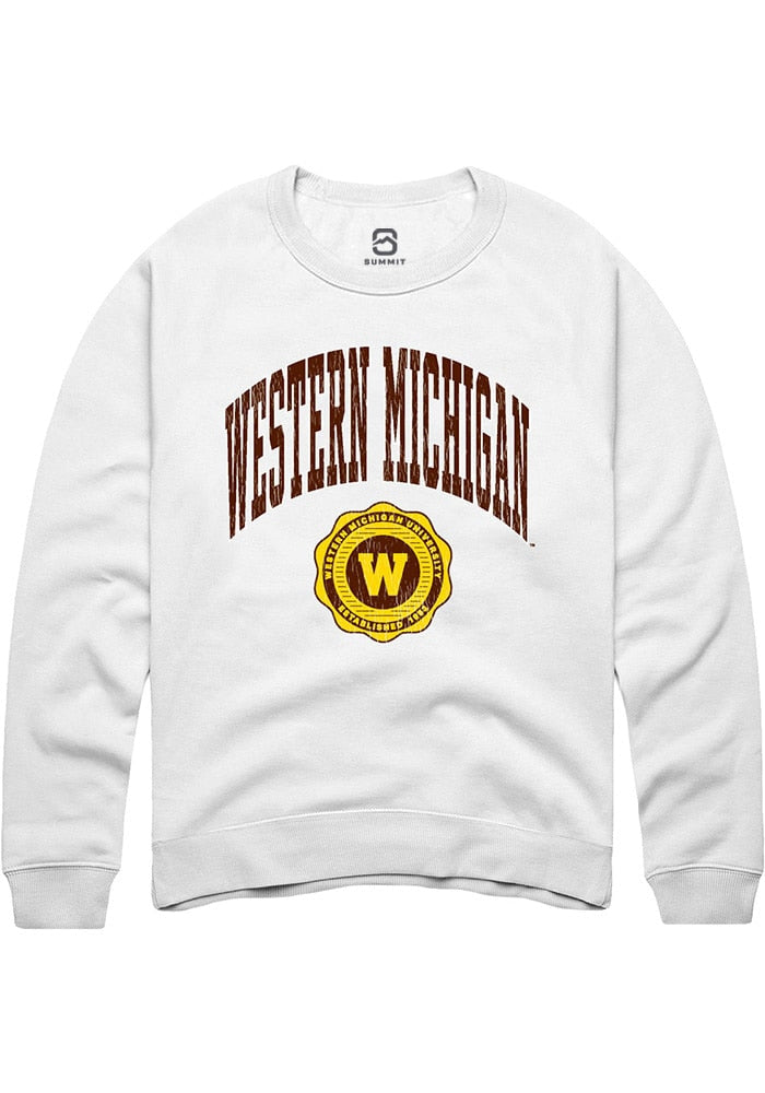 Western Michigan Broncos Mens White Arch Seal Long Sleeve Crew Sweatshirt