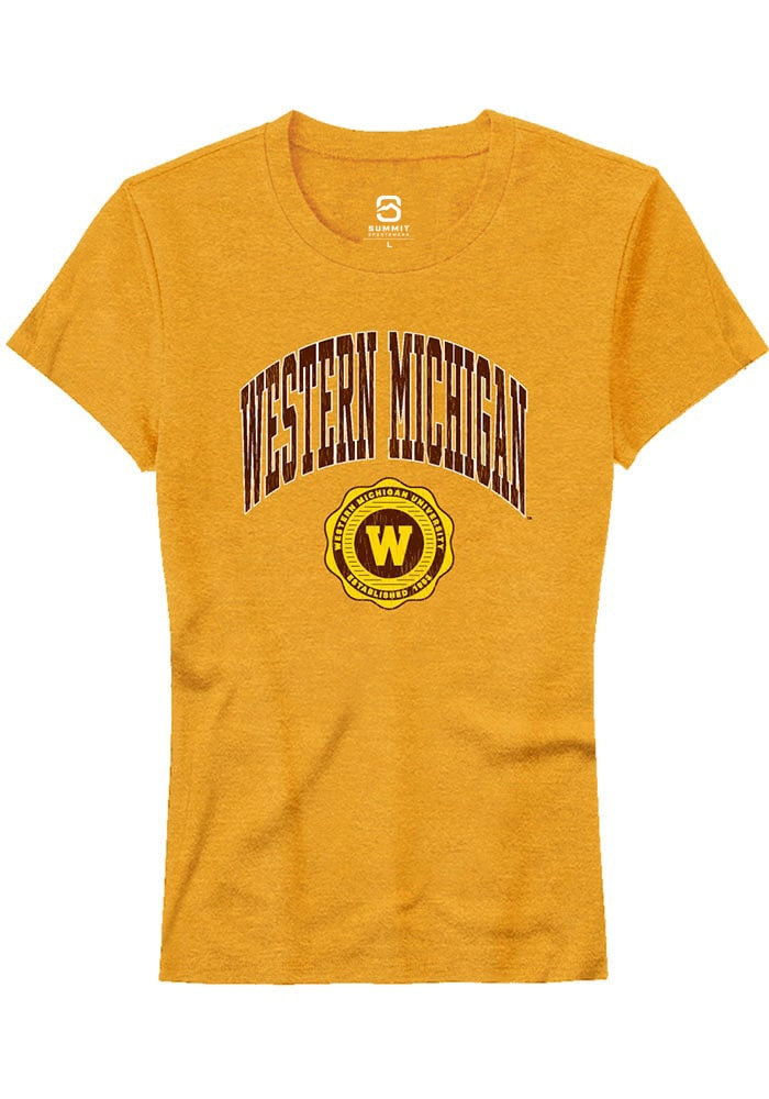 Western Michigan Broncos Womens Gold Arch Seal Short Sleeve T-Shirt