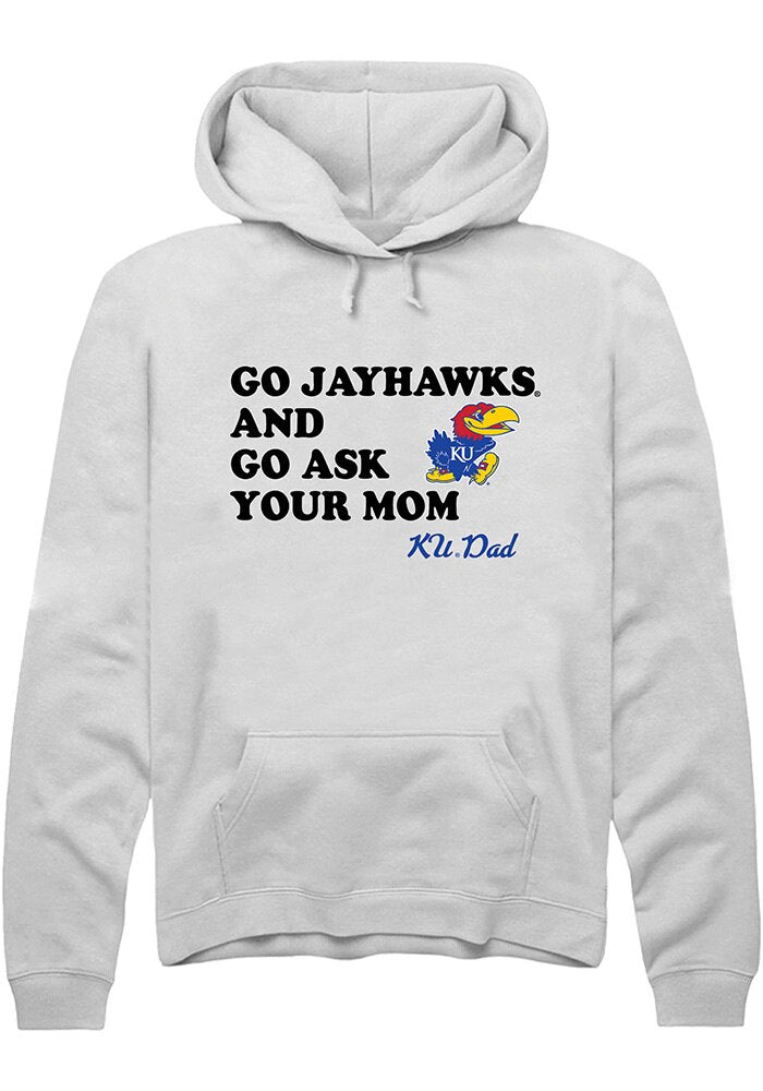 Kansas Jayhawks Mens White Go Ask Your Mom Long Sleeve Hoodie