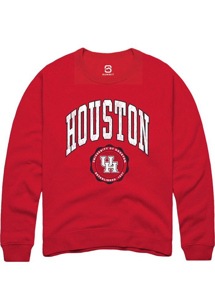 Houston Cougars Mens Red Arch Seal Long Sleeve Crew Sweatshirt