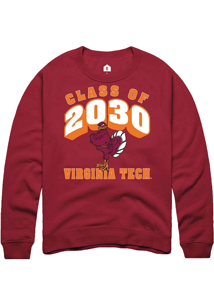 Virginia Tech Hokies Mens Maroon Class of 2030 Long Sleeve Crew Sweatshirt