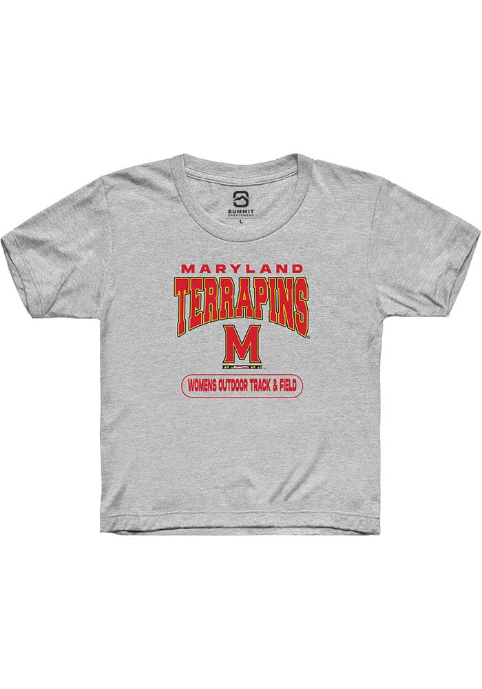Maryland Terrapins Youth Grey Womens Outdoor Track & Field Graphic Short Sleeve T-Shirt