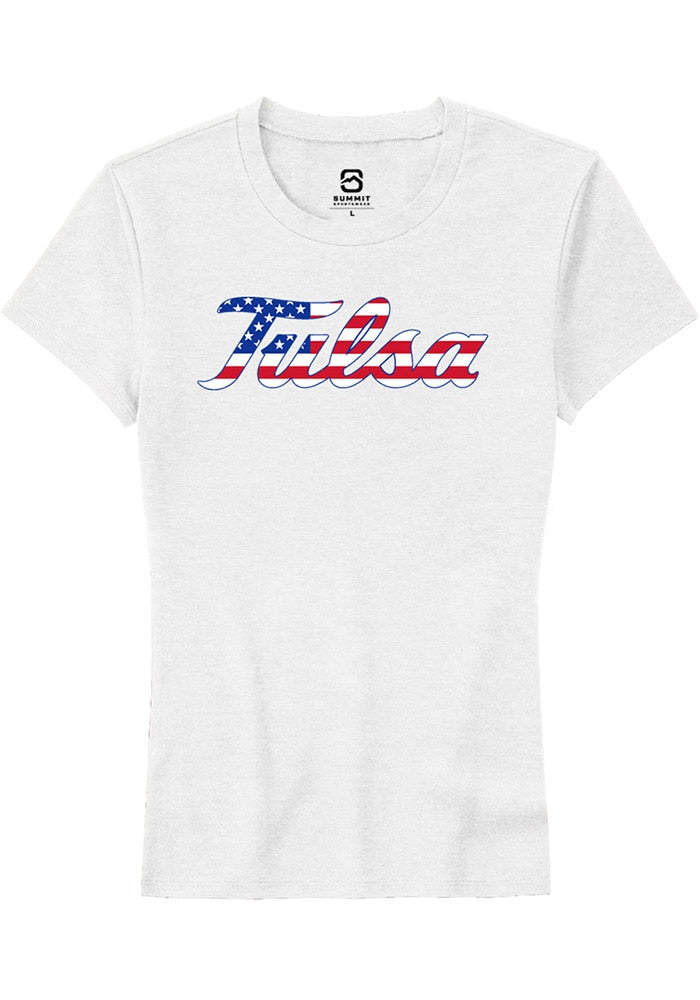 Tulsa Golden Hurricane Womens White US Flag Short Sleeve T-Shirt