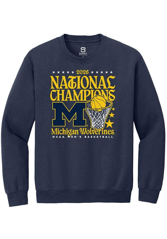 Michigan Wolverines Unisex Navy Mbb National Champs 2026 Hoop Crew Sweatshirt