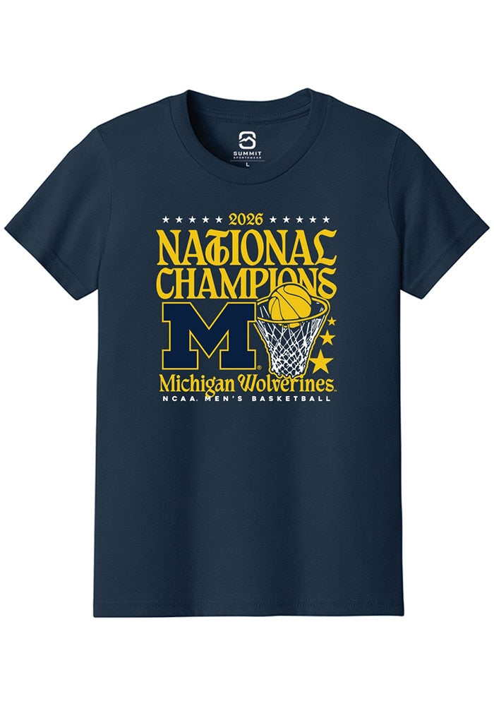 Michigan Wolverines Youth Navy Mbb National Champs 2026 Hoop Short Sleeve T-Shirt