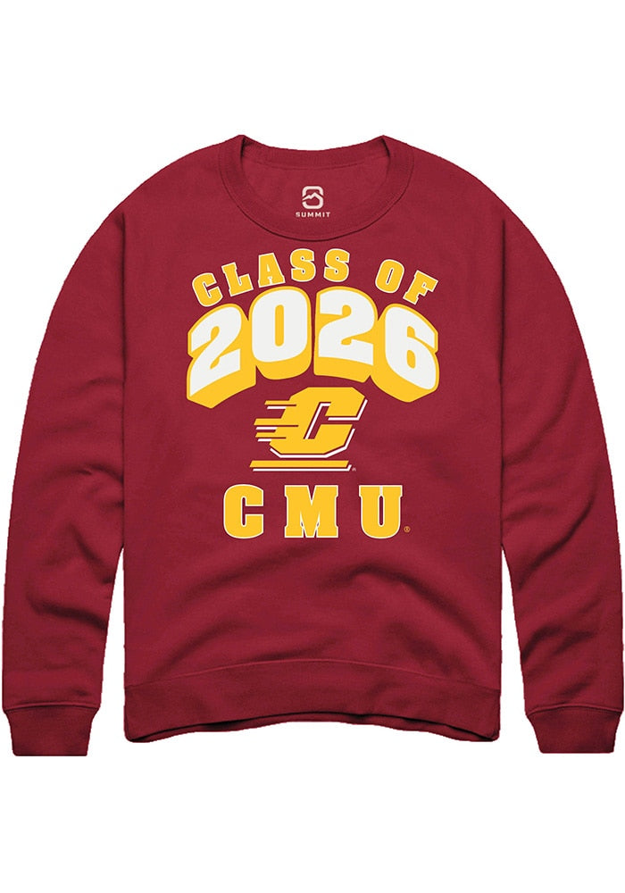 Central Michigan Chippewas Mens Maroon Class of 2026 Long Sleeve Crew Sweatshirt
