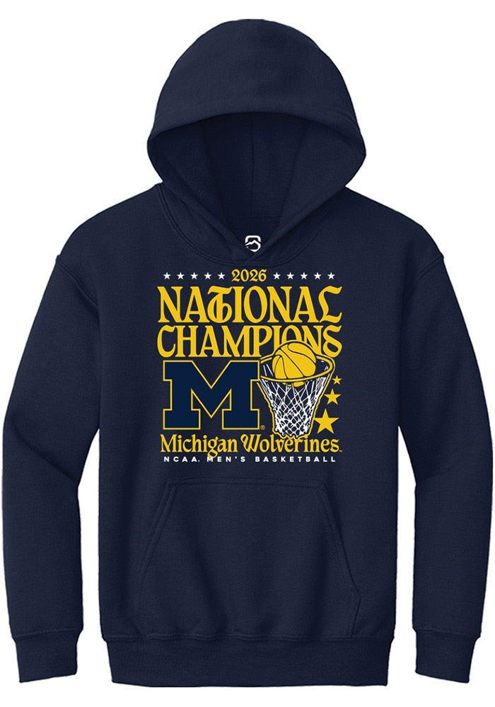 Michigan Wolverines Youth Navy Mbb National Champs 2026 Hoop Hoodie