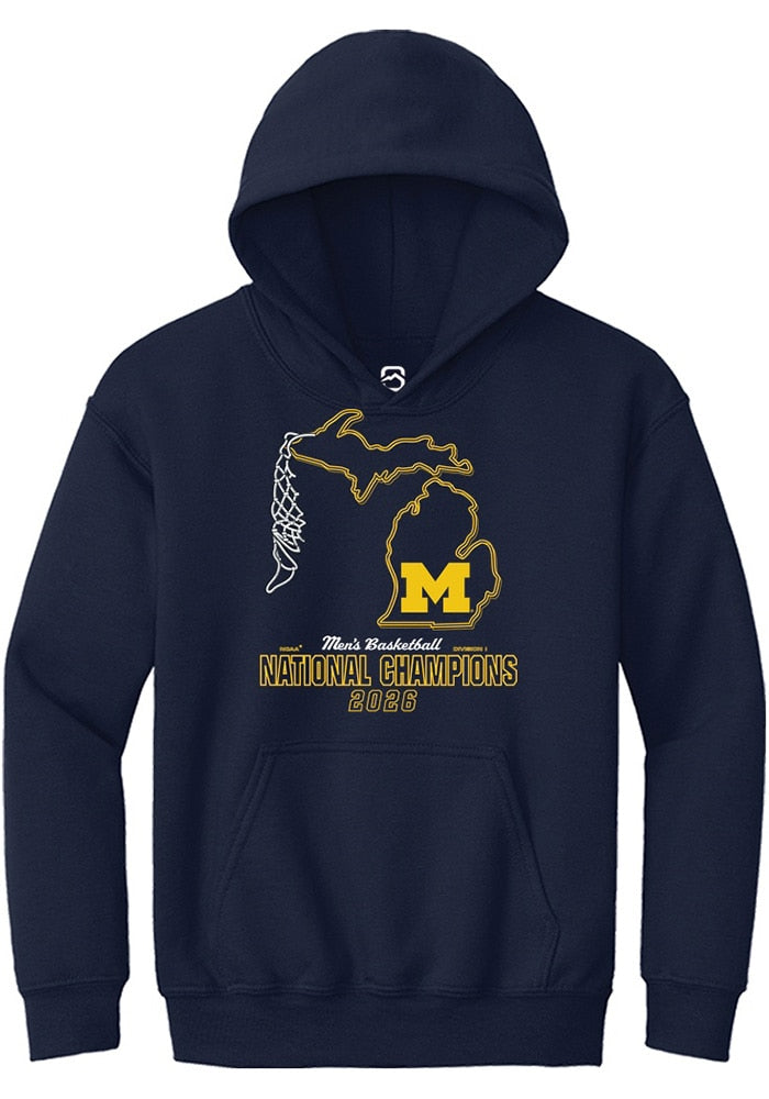 Michigan Wolverines Youth Navy Mbb National Champs 2026 Net Hoodie